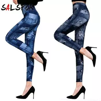 Женские леггинсы из искусственного денима с принтом, высокие эластичные брюки для фитнеса, спортзала, йоги