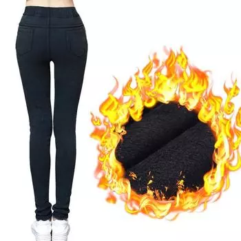 Женские леггинсы из искусственного денима, зимние фланелевые теплые бархатные суперэластичные брюки большого размера, брюки больших размеров M чёрный