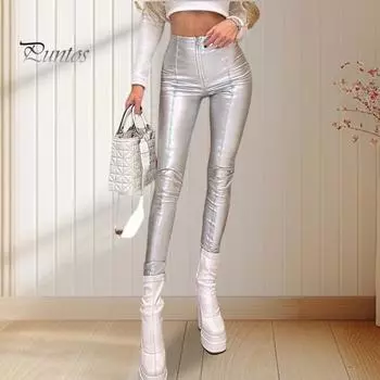 Женские леггинсы из искусственной кожи узкие брюки эластичные однотонные брюки с высокой талией облегающие брюки-карандаш на молнии с полупланкой леггинсы с подъемом бедер M серебряный
