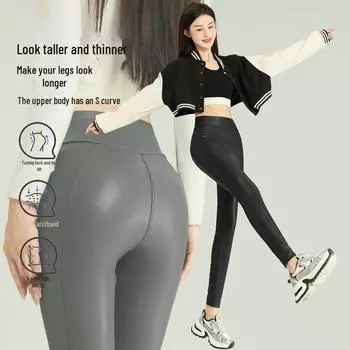 Женские леггинсы из матовой искусственной кожи с высокой талией и бархатной подкладкой — длина девять точек, 2024 г. XL серый