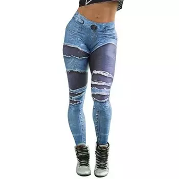 Женские леггинсы с карманами и дырками, имитация джинсовых брюк, спортивные штаны с подтяжкой ягодиц, леггинсы с цифровой печатью, женская одежда, узкие брюки XL светло-синий