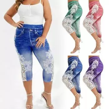 Женские леггинсы с кружевным принтом и эластичной талией, облегающие, эластичные, модные, короткие брюки L