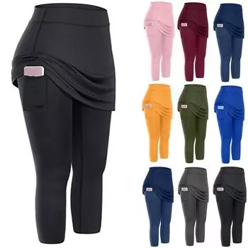 Женские леггинсы с теннисной юбкой и карманами, эластичные спортивные юбки-капри для йоги, леггинсы L чёрный