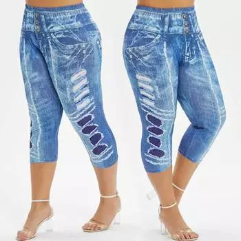 Женские леггинсы с высокой талией и джинсовым стилем, обтягивающие джинсы, эластичные брюки Plus