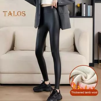 Женские леггинсы с высокой талией, облегающие, с подъемом бедер, с искусственной кожей, с бархатной подкладкой, утолщенные, теплые, ветрозащитные, повседневные штаны для йоги L чёрный