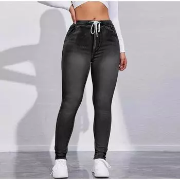 Женские леггинсы в стиле денима с высокой талией и завязками, облегающие однотонные обтягивающие брюки с приподнятыми ягодицами, весна 2025 г. S светло-синий