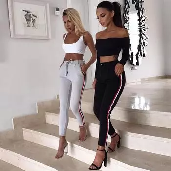 Женские леггинсы в стиле ретро с боковой полосой, брюки, женские винтажные повседневные брюки с эластичной талией длиной до щиколотки S чёрный