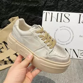 Женские легкие белые туфли с толстой подошвой, увеличивающие рост, 2024, новые круглые туфли с универсальной дышащей повседневной обувью для скейтбординга 35 бежевый