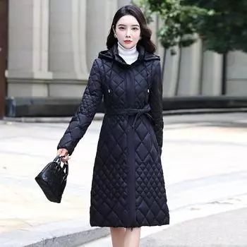 Женские легкие и тонкие пуховые шапки, женские средние и длинные тонкие и тонкие пальто, одежда L кофейный