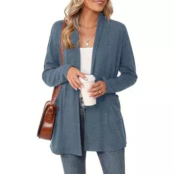 Женские легкие кардиганы с открытой передней частью, с длинными рукавами, повседневные, свободные, тонкие кардиганы с карманами L синий