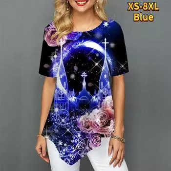 Женские легкие красивые роскошные заостренные юбки, женские футболки с короткими рукавами и фантазийным замком с розовым принтом, круглые 6XL