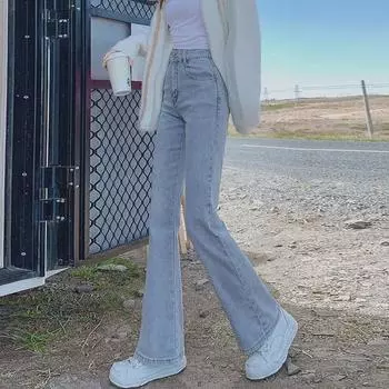 Женские легкие расклешенные джинсы с высокой талией, эластичные, универсальные, фасон «подкова», маленький размер, длина до пола, прямой крой. Extra Large светло-синий
