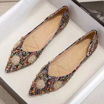 Женские легкие роскошные вечерние туфли на плоской подошве с блестками, женские вечерние туфли с кристаллами и цветами, женские повседневные офисные туфли на плоской подошве с острым носком со стразами 34 чёрный
