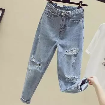 Женские легкие рваные свободные джинсы с высокой талией - Весна/Лето Утягивающие прямые шаровары S