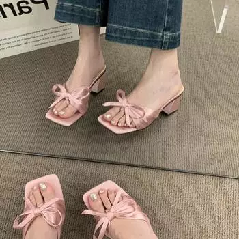 Женские легкие шлепанцы на высоком каблуке, женские тапочки с бантом на платформе и застежкой-молнией, женские пляжные сандалии с открытым носком 35 розовый