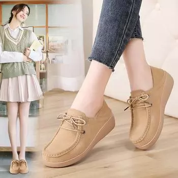 Женские легкие туфли из натуральной кожи в корейском стиле на платформе с толстой подошвой и танкеткой на осень 37 абрикосовый