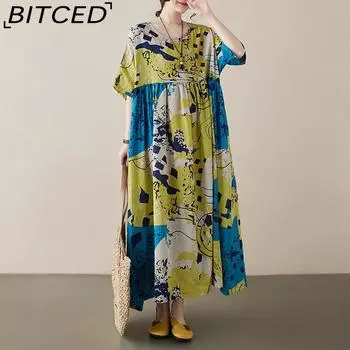 Женские ленивые плиссированные нерегулярные модные платья больших размеров с баской, тонкие свободные платья с короткими рукавами One Size синий/жёлтый