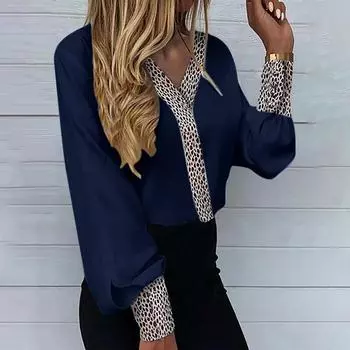 Женские леопардовые блузки с v-образным вырезом, топы, женские повседневные свободные рабочие футболки с длинными рукавами