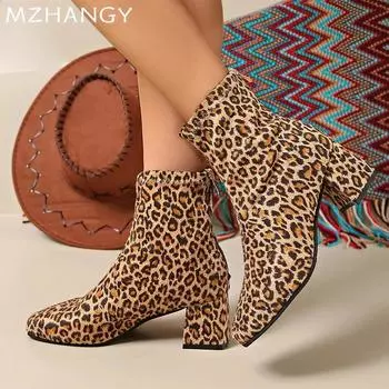Женские леопардовые массивные ботильоны на высоком каблуке, сексуальные модные туфли для женщин 2025 года, ботинки челси, зимние туфли-лодочки, новые женские зимние ботинки 36 чёрный