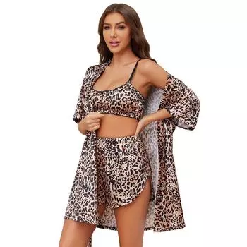 Женские леопардовые спальные костюмы, атласные пижамы с имитацией шелка и принтом, халат, бюстгальтер без косточек, короткие штаны, комплект из 3 предметов, повседневная домашняя одежда S золотистый