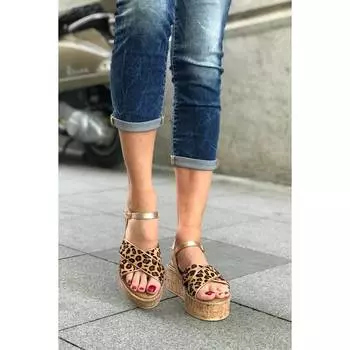 Женские леопардовые тайские кожаные сандалии с перьями на высокой подошве Luna Casual Quality Style Sandals