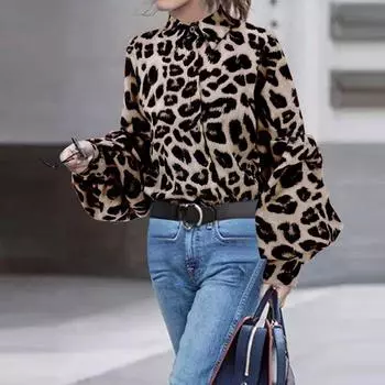 Женские леопардовые туники с пышными рукавами, рабочие рубашки с отложным воротником и длинными рукавами