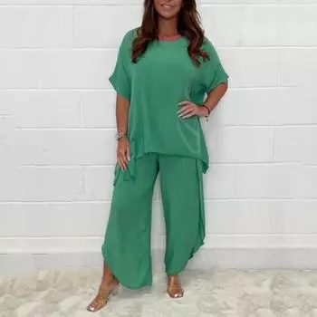 Женские летающие рубашки из 2 предметов, блузка и широкие брюки, повседневный однотонный спортивный костюм, уличная одежда XXL зелёный