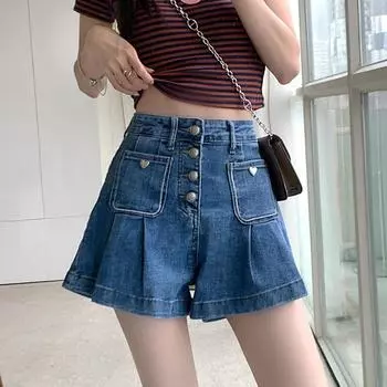 Женские летние 2024 новые корейские однотонные эластичные карманы на пуговицах с высокой талией, свободные джинсовые шорты трапециевидной формы с широкими штанинами XL синий