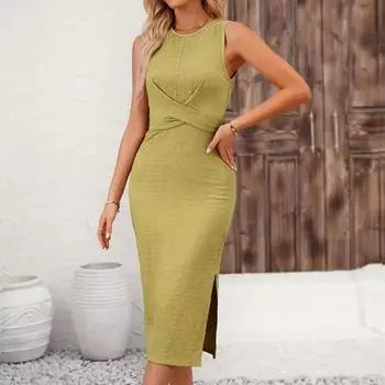 Женские летние эластичные длинные платья без рукавов с узкими ремешками и бантом S зелёный