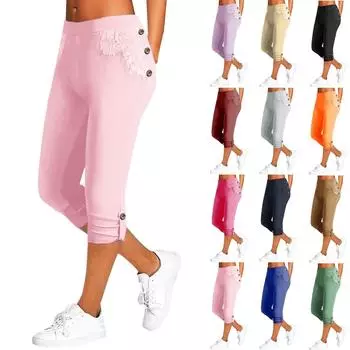 Женские летние эластичные капри с высокой талией на шнуровке, повседневные облегающие широкие брюки-капри L бежевый