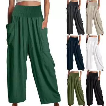 Женские летние эластичные однотонные свободные брюки из хлопка и льна с внешними карманами L армия зеленый