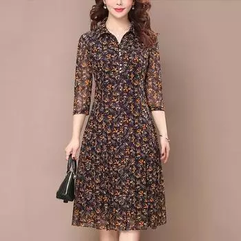 Женские летние эластичные платья с цветочным принтом, платья с рукавом семь восьмых для мамы среднего возраста 5XL