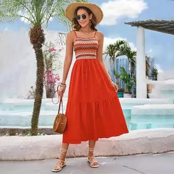 Женские летние эластичные плиссированные платья-миди без рукавов с лямкой на бретельках в стиле пэчворк S красный