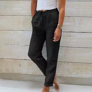 Женские летние эластичные поясные карманы с карманами, однотонные хлопковые льняные широкие брюки, свободные брюки с девятью очками XL чёрный
