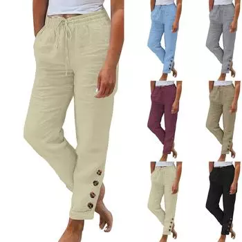 Женские летние эластичные поясные карманы с карманами, однотонные хлопковые льняные широкие брюки, свободные брюки с девятью очками L чёрный