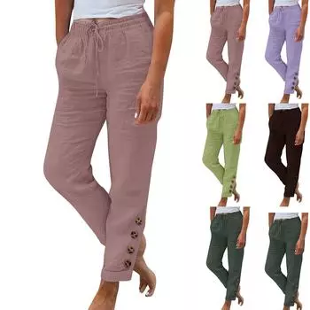 Женские летние эластичные поясные карманы с карманами, однотонные хлопковые льняные широкие брюки, свободные брюки с девятью очками L коричневый