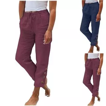 Женские летние эластичные поясные карманы с карманами, однотонные хлопковые льняные широкие брюки, свободные брюки с девятью очками S винный