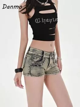 Женские летние эластичные узкие обтягивающие джинсы с заклепками в винтажном стиле синего цвета, универсальные брюки Y2k, сексуальные супер-шорты из денима с низкой посадкой XL синий