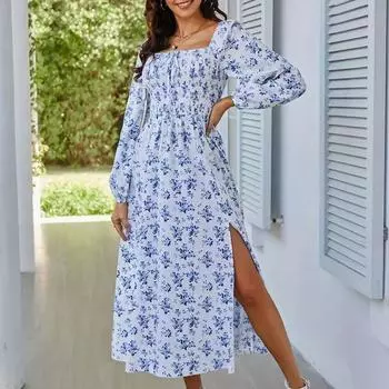 Женские летние элегантные длинные платья с квадратным вырезом и длинными рукавами и цветочным принтом S белый