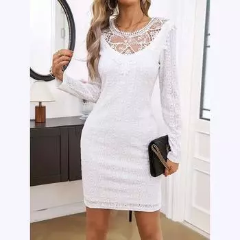 Женские летние элегантные кружевные лоскутные платья с длинным рукавом и круглым вырезом S белый