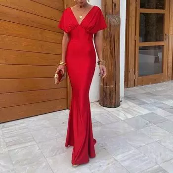 Женские летние элегантные однотонные тонкие платья с v-образным вырезом и короткими рукавами