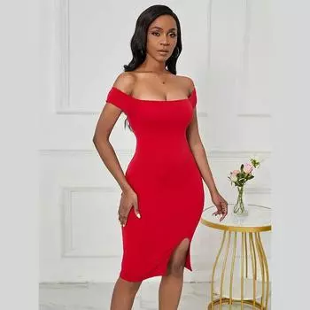 Женские летние элегантные платья-футляры на одно плечо с тонким подолом и разрезом S красный