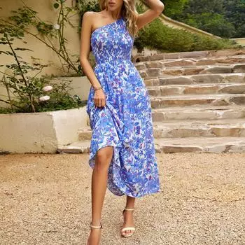 Женские летние элегантные платья с цветочным принтом и высокой талией S чёрный