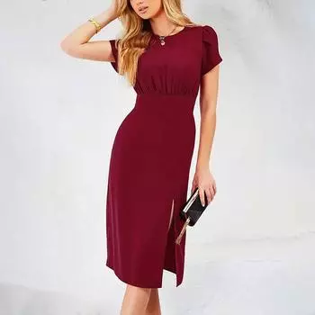Женские летние элегантные платья с разрезом на бедрах и круглым вырезом для пригородных поездок S бордовый