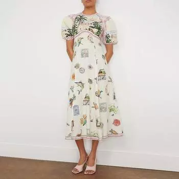 Женские летние элегантные повседневные платья с объемными рукавами и принтом S белый