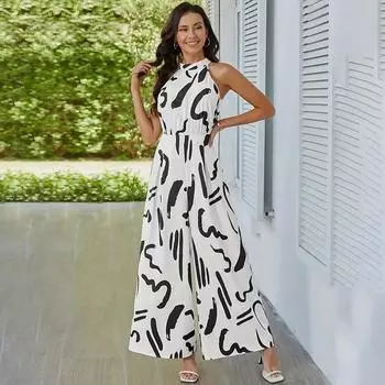 Женские летние элегантные повседневные расклешенные брюки без рукавов с ремешками S белый