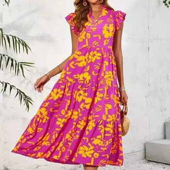 Женские летние элегантные праздничные платья без рукавов с принтом и рюшами S жёлтый