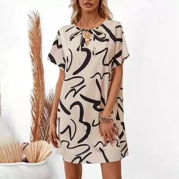 Женские летние элегантные свободные короткие платья с короткими рукавами и вязаным принтом S цветочный