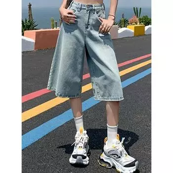 Женские летние американские винтажные мешковатые джинсовые укороченные брюки, женские потертые широкие джинсы с высокой талией, голубые свободные шорты трапециевидной формы S синий