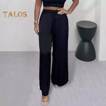 Женские летние атласные брюки со средней посадкой и эластичной резинкой на талии, длинные брюки с регулируемым шнурком, однотонные прямые широкие брюки для путешествий XL розы красного